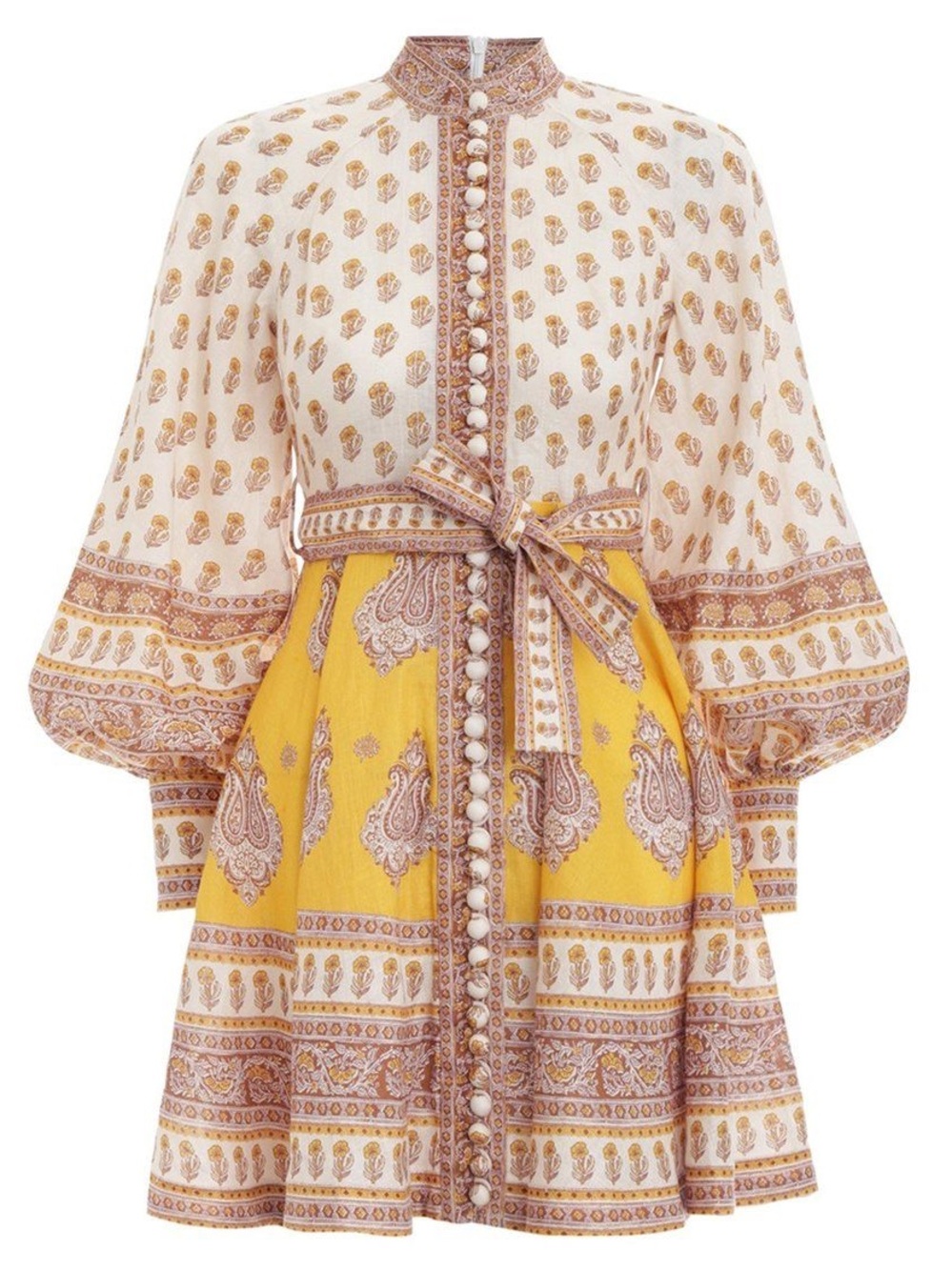 Zimmermann Bonita Buttoned Mustard Paisley Mini Dress - Picture 2 of 10